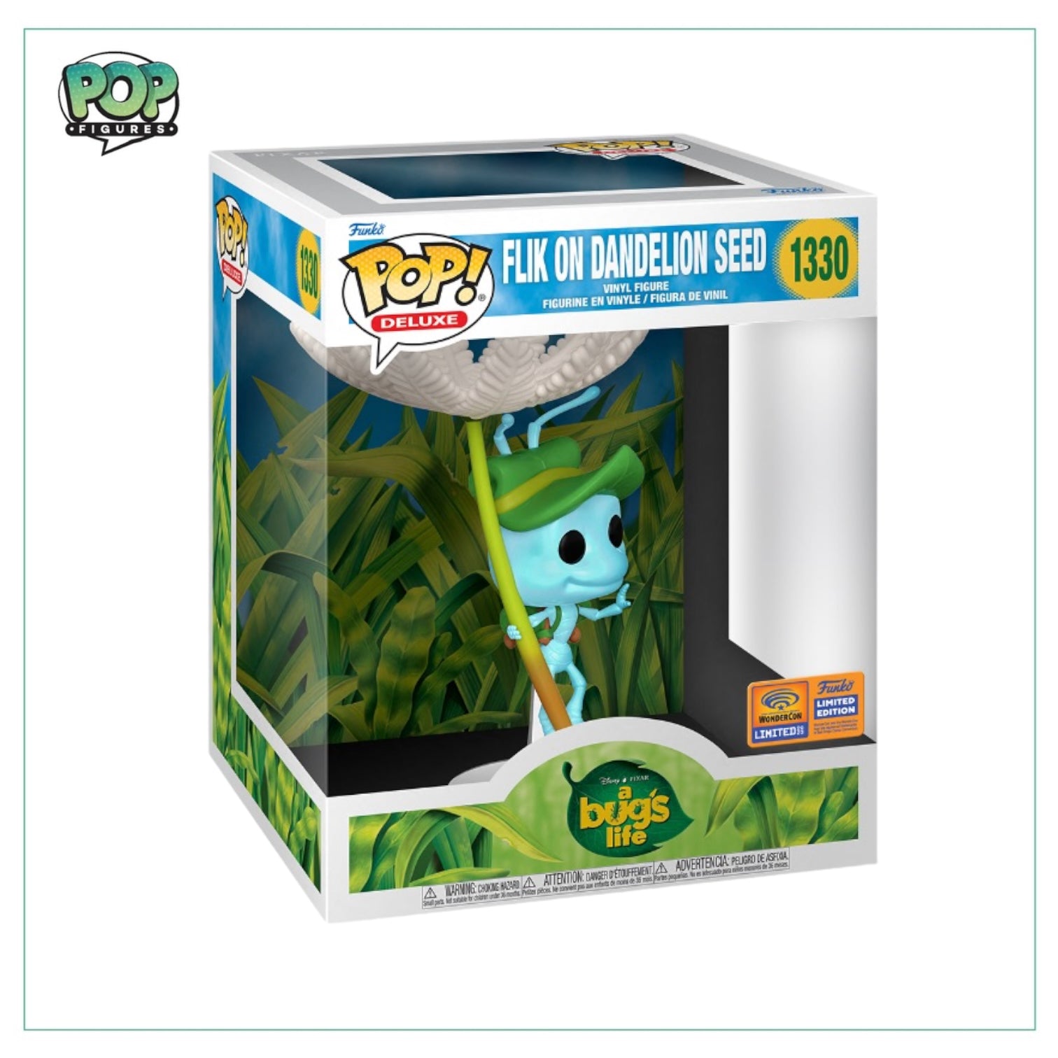 Flik from A Bug's Life on a dandelion, featured in the Funko Deluxe Pop! Wonder Con 2023 exclusive collection.