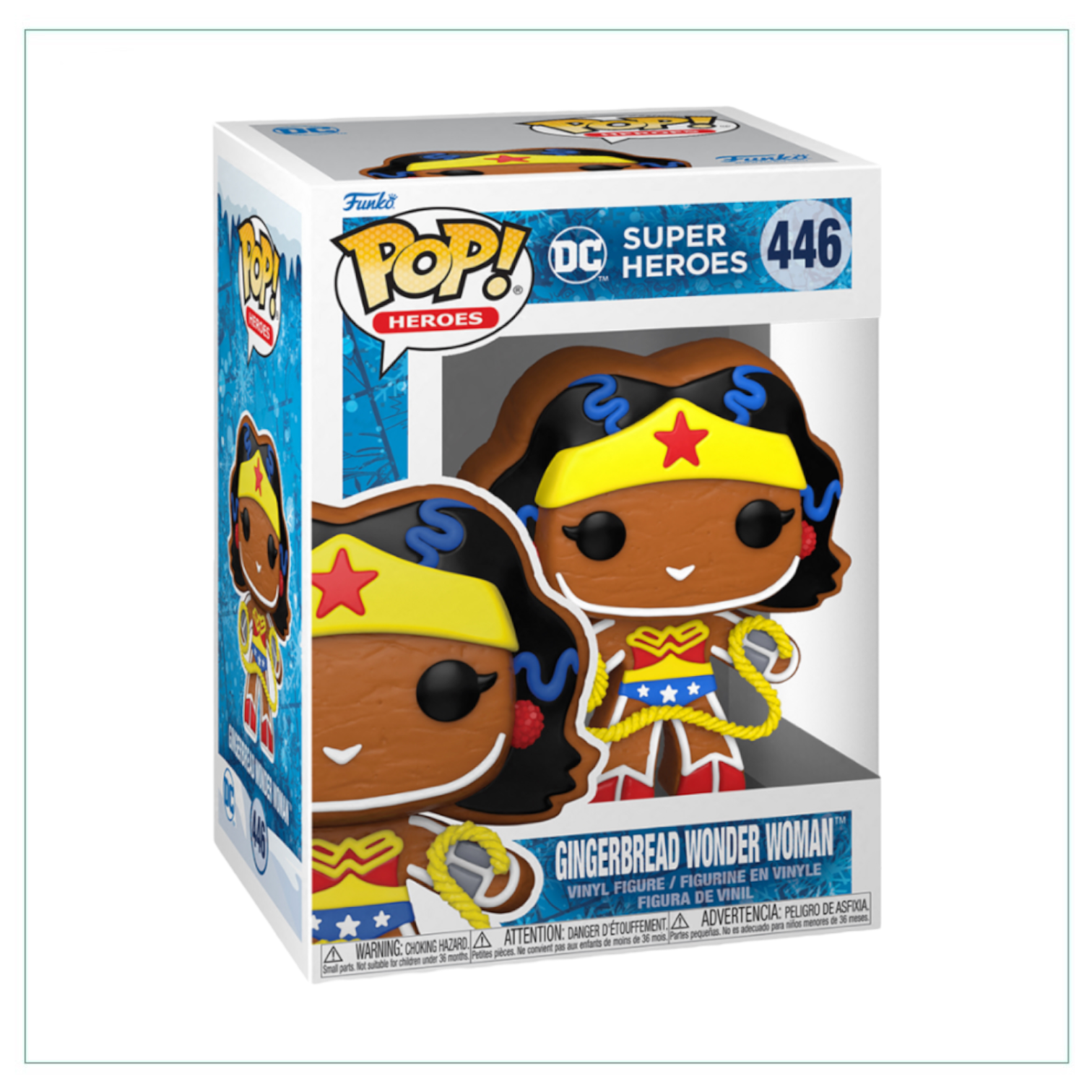 Gingerbread Wonder Woman #446 Funko Pop! figure, featuring a festive design with her iconic outfit and lasso.