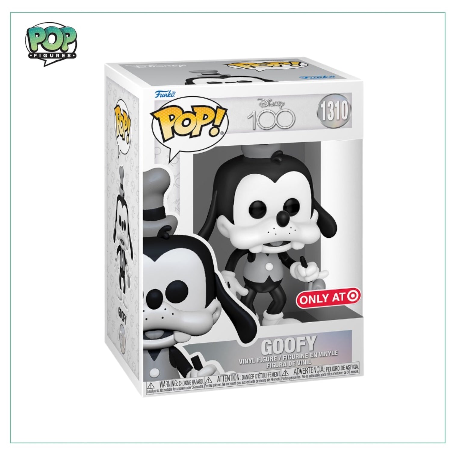Goofy Funko Pop! #1310 from Disney 100, featuring Goofy in a playful pose with a colorful design.