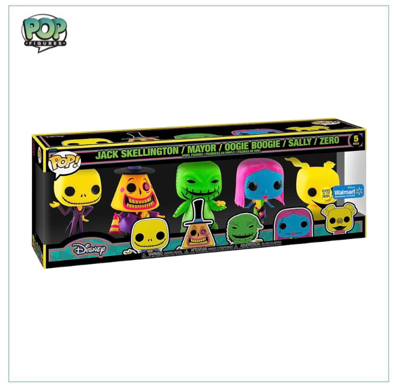 Funko 5-pack featuring Jack Skellington, Mayor, Oogie Boogie, Sally, and Zero, glowing in the dark, Disney Walmart exclusive.