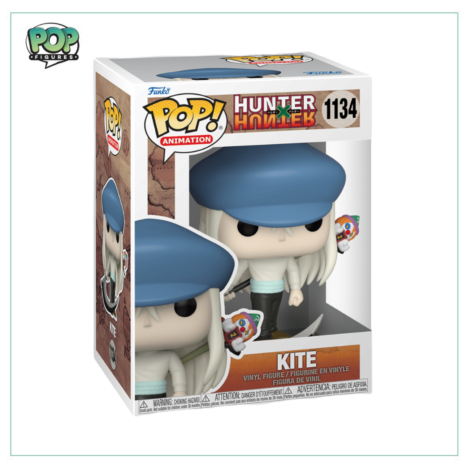 A Funko Pop! Hunter X Hunter figurine of a character in a blue hat, packaged in a window display box.