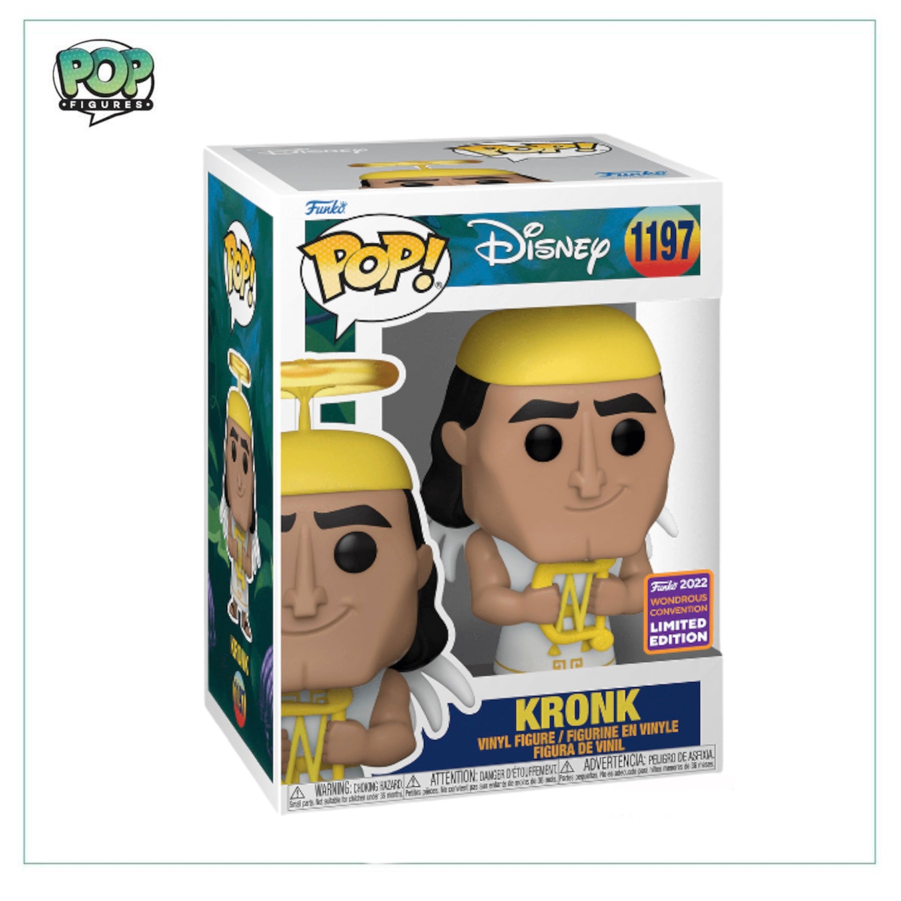 Funko Pop! figure of Kronk from Disney, limited edition from the 2022 Wonderous Convention, smiling and holding a dish.