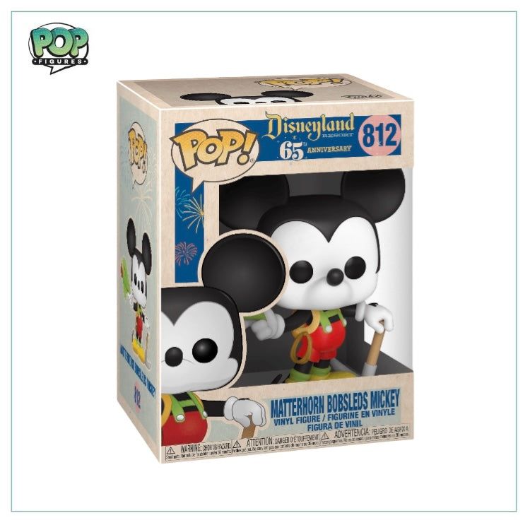 Funko Pop! of Mickey Mouse in a bobsled, celebrating Disneyland's 65th anniversary with Matterhorn theme.