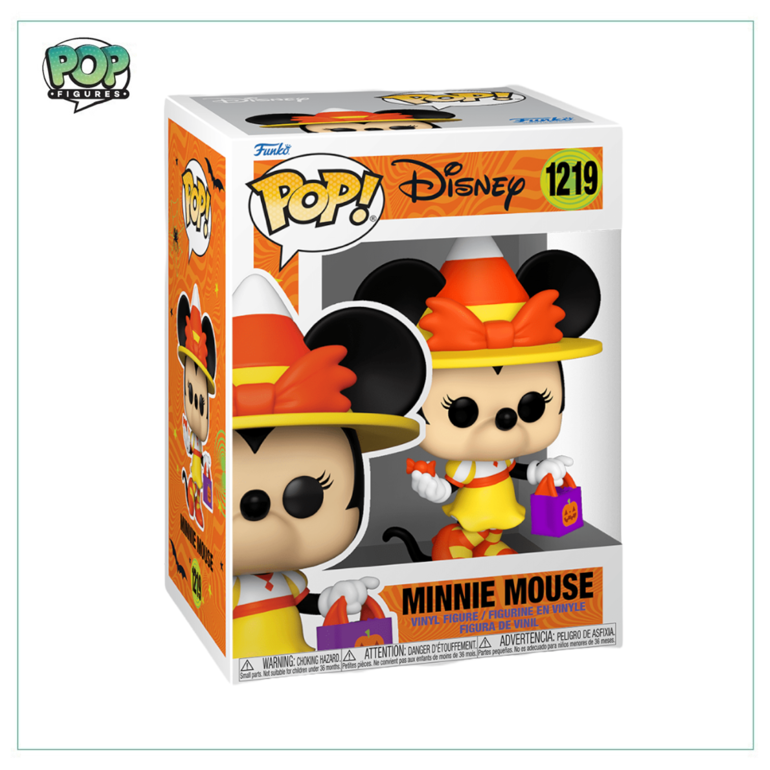 Minnie Mouse Funko Pop! figure #1219, featuring her classic polka dot dress and bow, stands cheerfully with a smile.