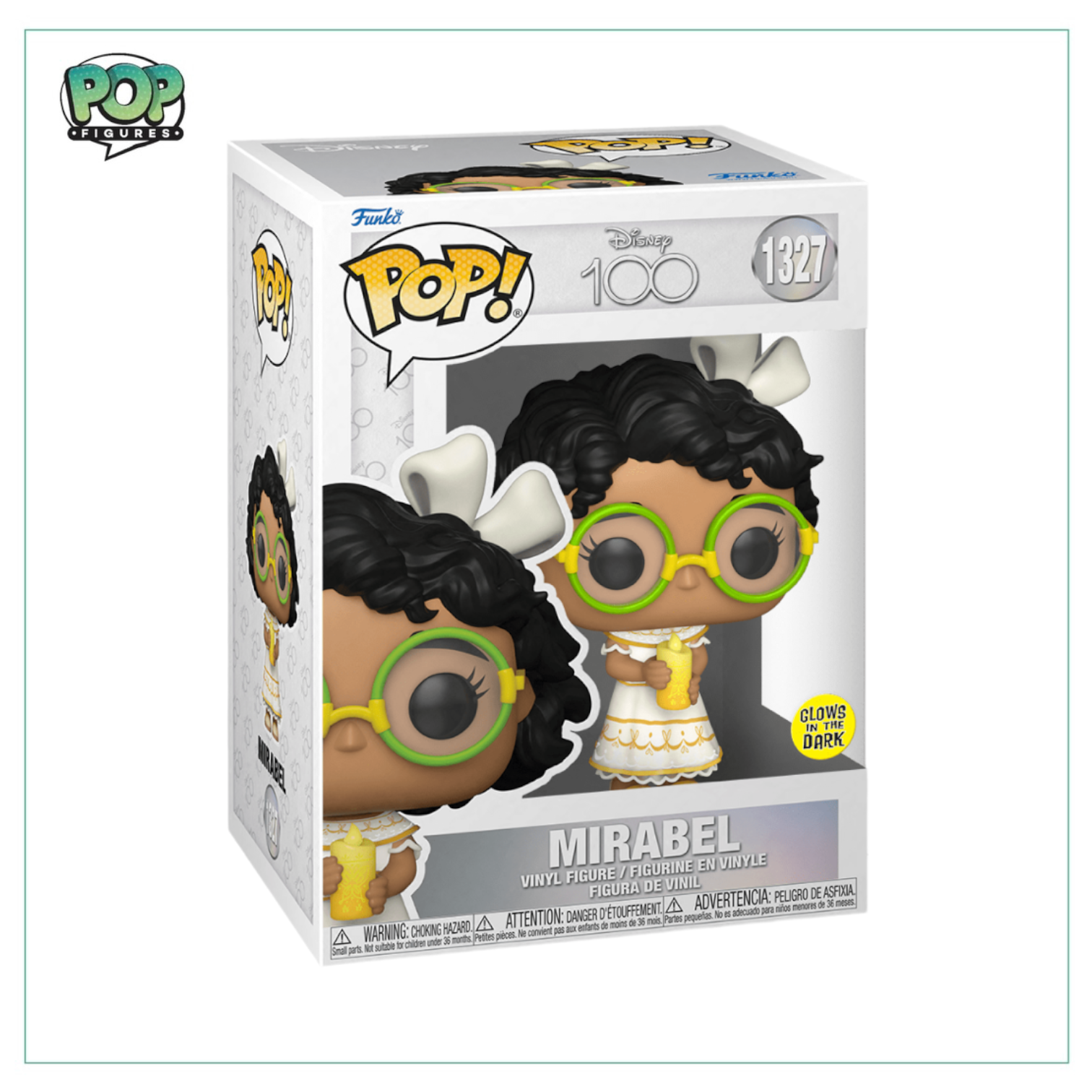 Mirabel from Disney's Encanto as a Funko Pop! figure, part of the Disney 100th collection, glows in the dark.