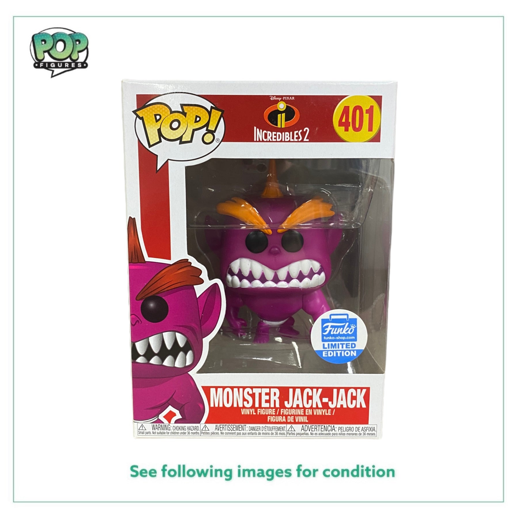 Funko Pop! of Monster Jack-Jack from Incredibles 2, exclusive edition, rated 8.75/10, showcasing vibrant colors and details.