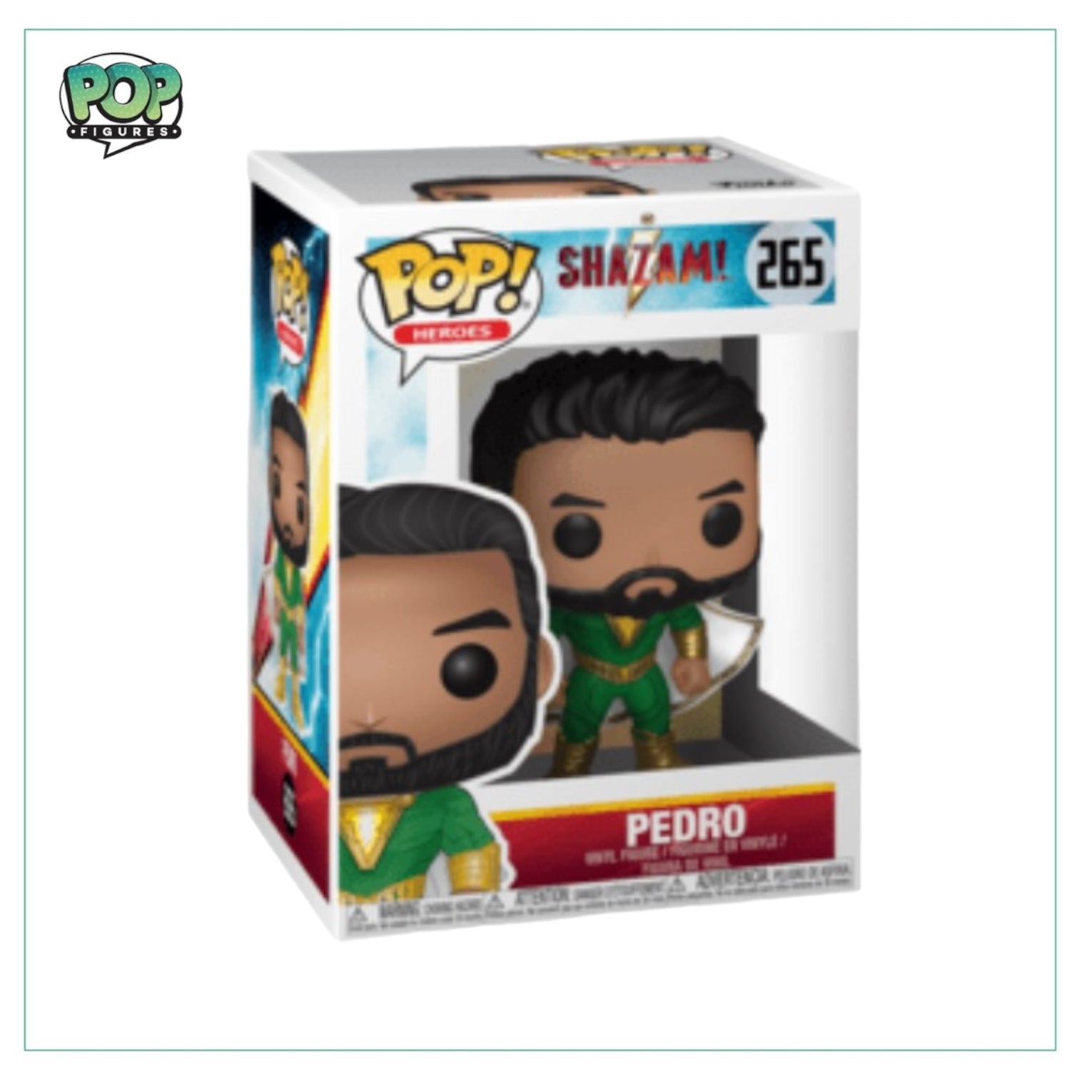 Funko Pop! figure of Pedro #265 from Shazam, featuring a smiling character in a colorful superhero outfit.