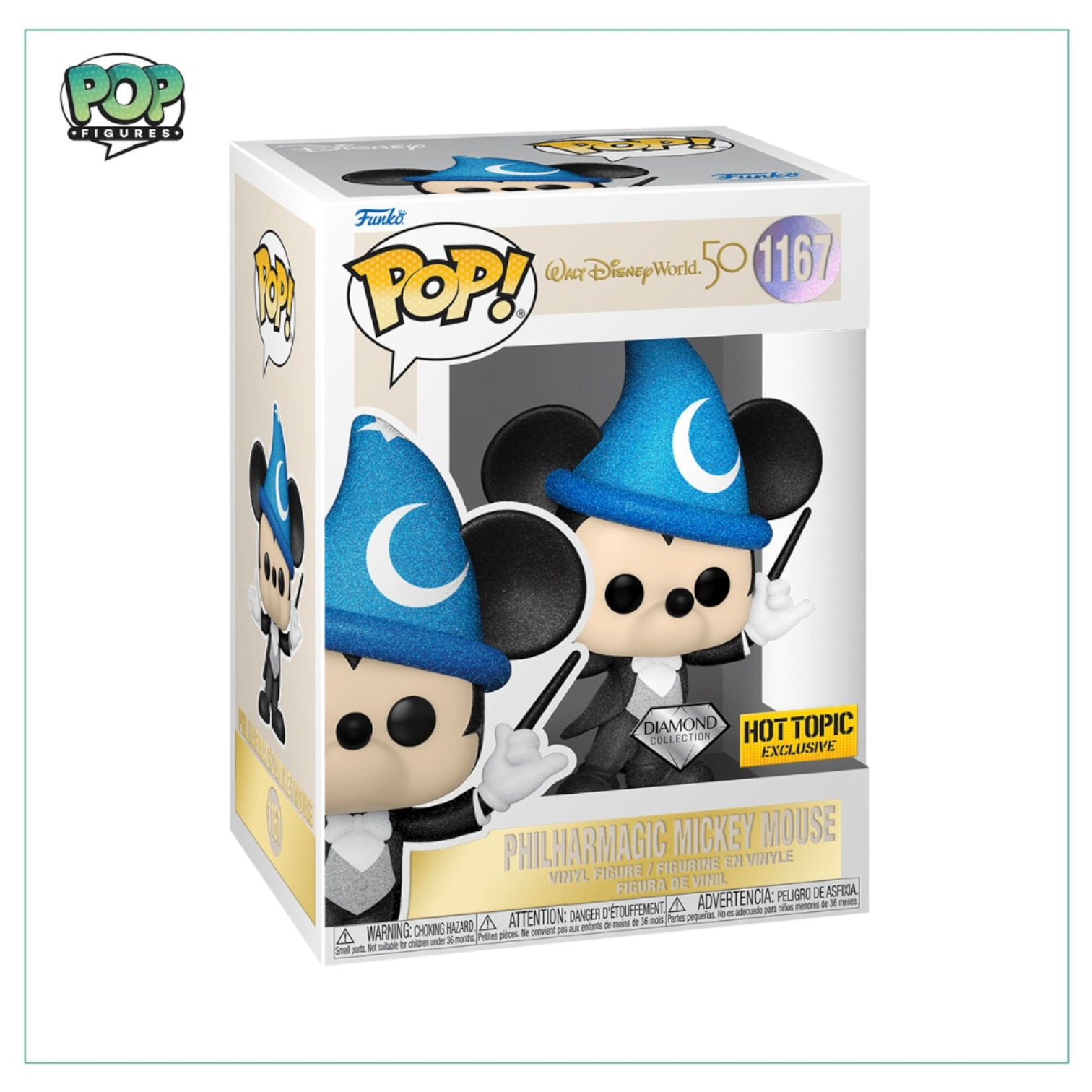  Funko Pop! of Mickey Mouse in Philharmagic attire, part of the Diamond Collection for Disney's 50th anniversary at Hot Topic.