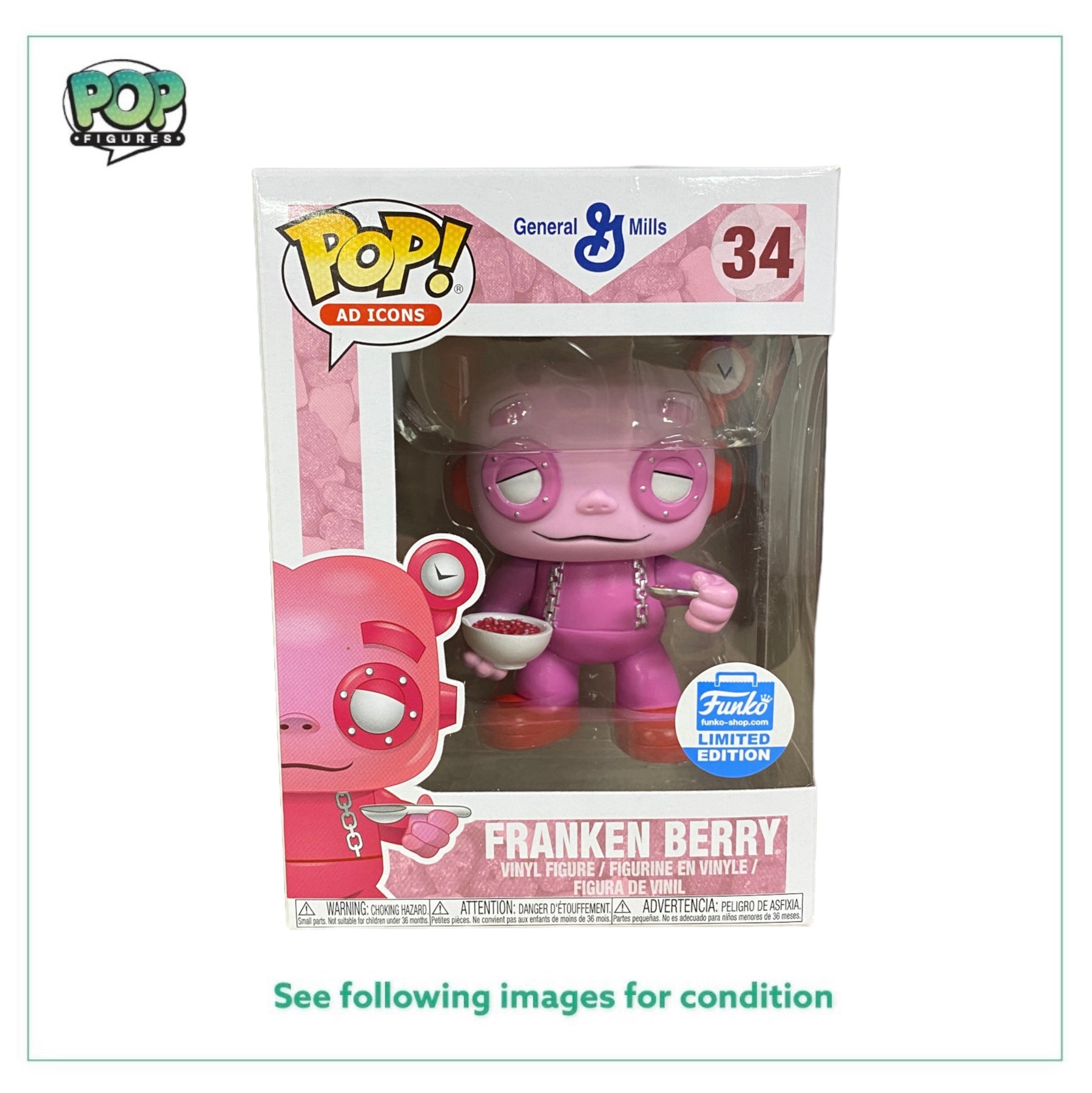 Franken Berry #34 (w/Cereal) Funko Pop! - Ad Icons - Funko Shop Exclusive - Condition 8.5/10