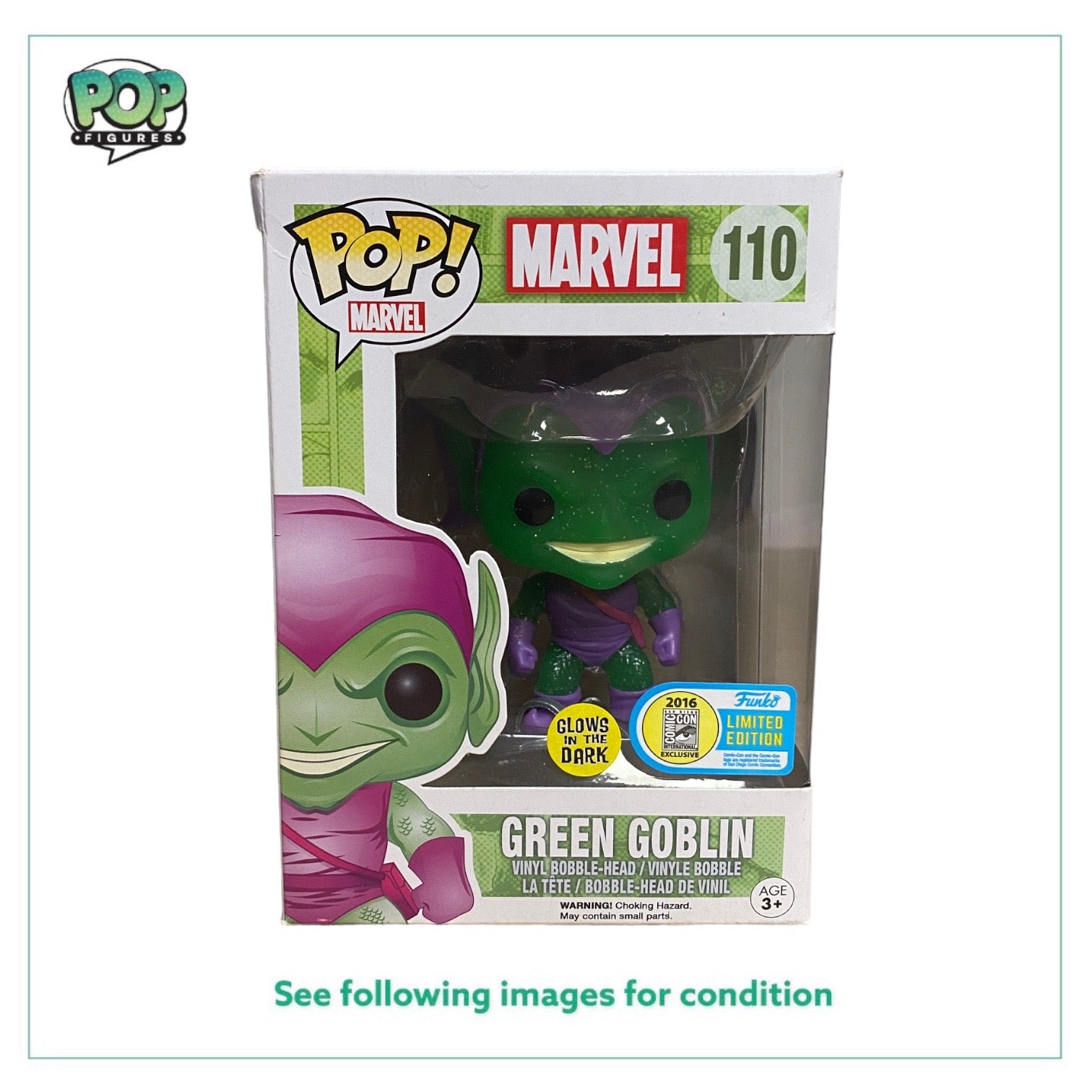Green Goblin #110 (w/ Glider, Glitter Glow) Funko Pop! - Marvel - SDCC 2016 Official Convention Exclusive - Condition 7/10