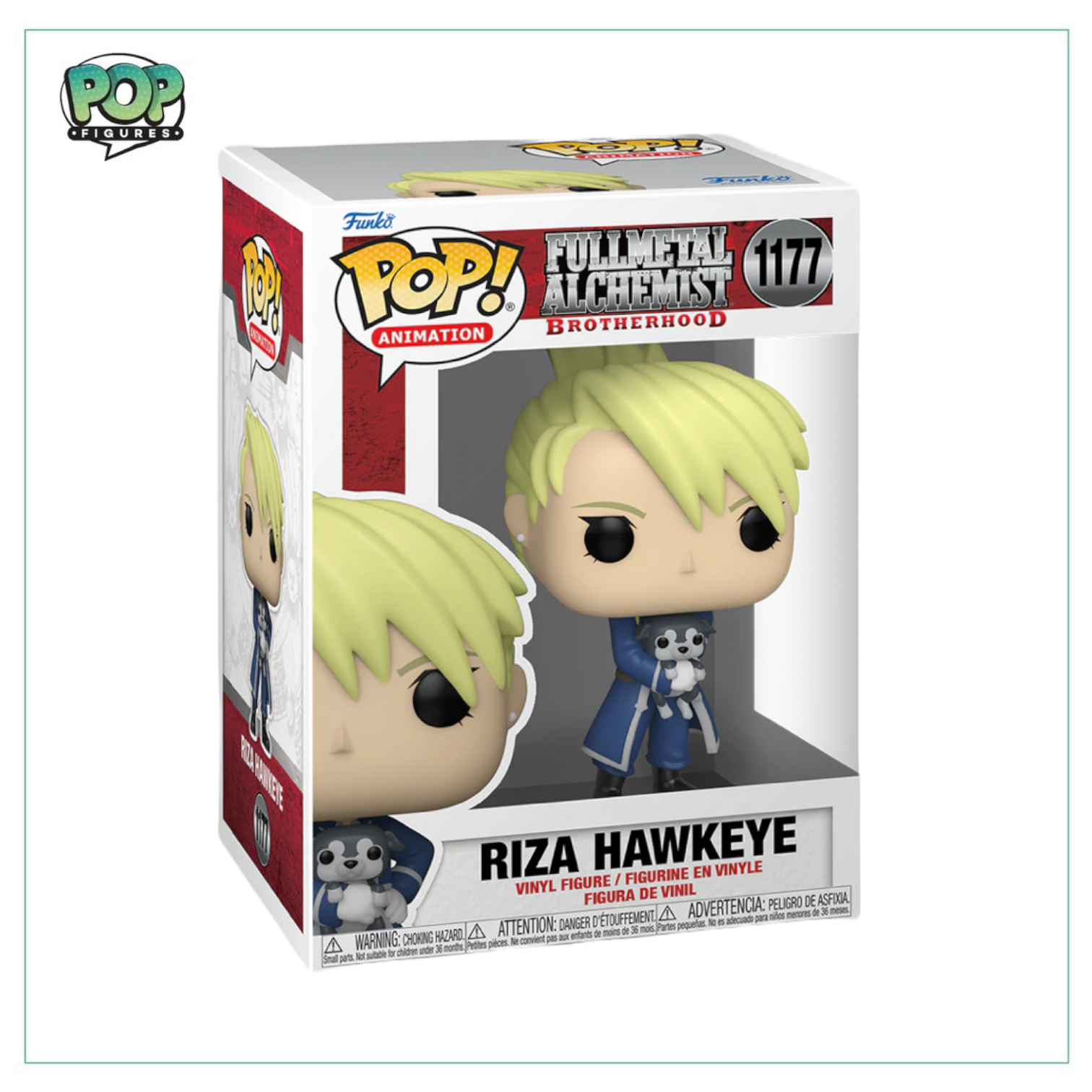  Funko Pop! of Riza Hawkeye from Full Metal Alchemist Brotherhood, showcasing her iconic hairstyle and serious demeanor.