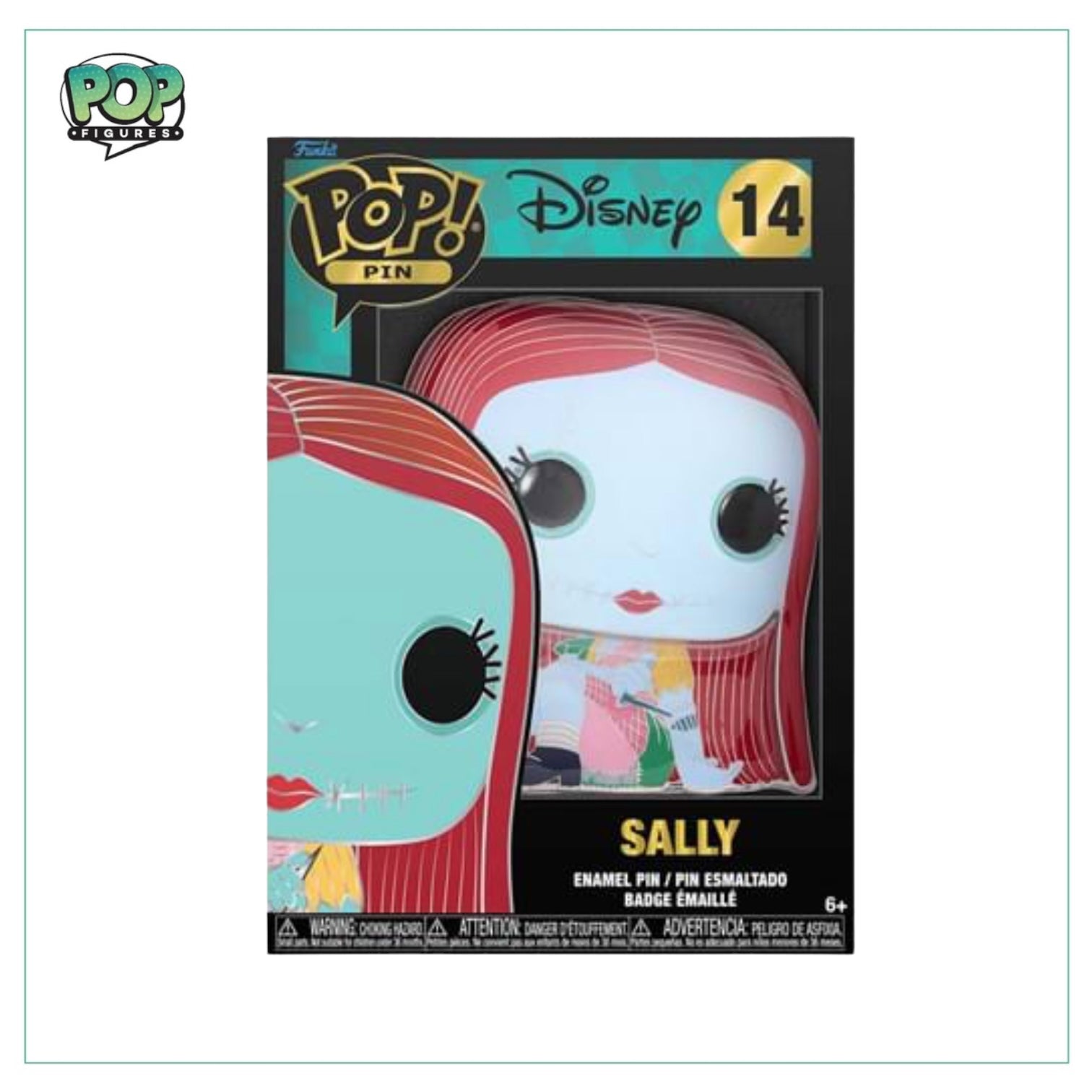 Enamel Funko Pop pin of Sally #14 from The Nightmare Before Christmas, featuring her signature patchwork dress and red hair.