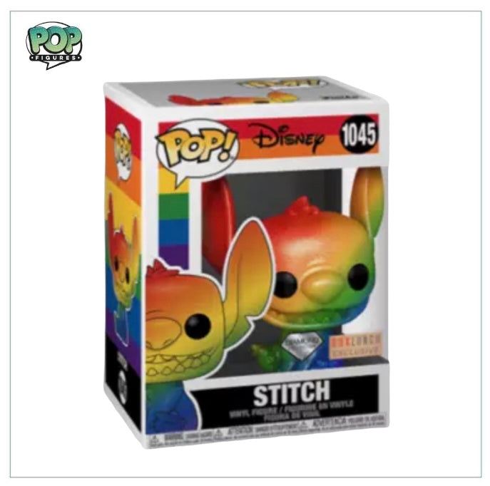 Stitch Pride Funko Pop! from the Diamond Collection, a Box Lunch exclusive featuring a colorful, rainbow-themed design.