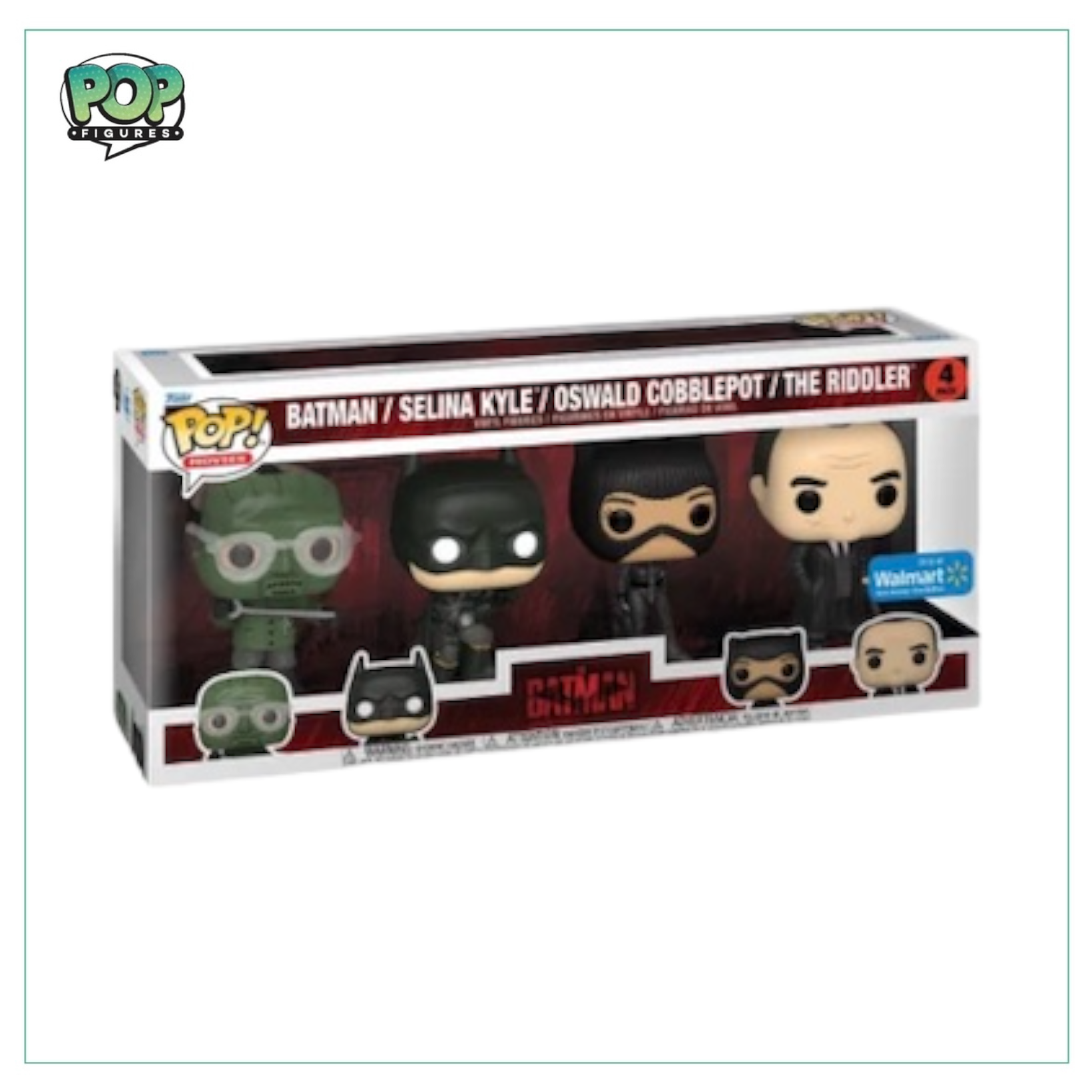 Funko Pop! 4-pack featuring characters from The Batman, exclusive to Walmart, showcasing unique designs and vibrant colors.
