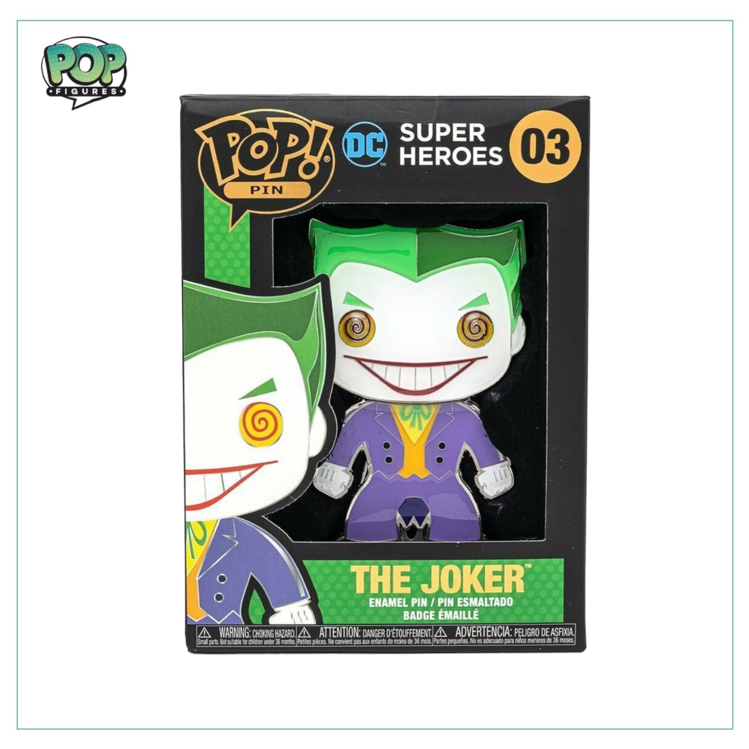 Funko enamel pin of The Joker #03 from DC Super Heroes, featuring the character's iconic smile and colorful design.
