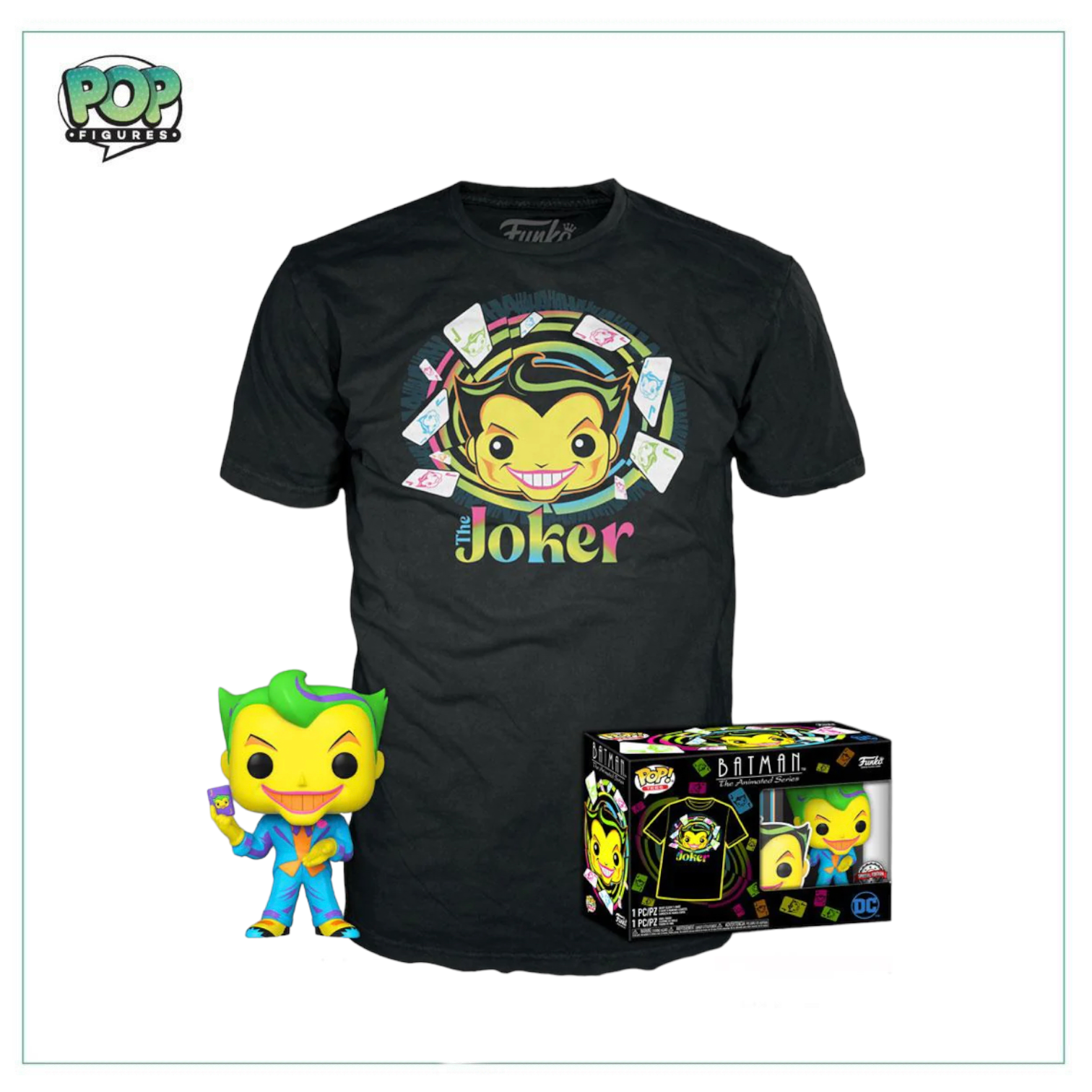 The Joker Blacklight Funko Pop alongside a matching tee, showcasing bright colors and classic DC comic style.