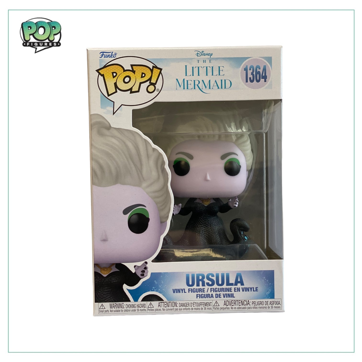 Ursula Funko Pop! from The Little Mermaid, showcasing her signature look with purple skin and flowing white hair.