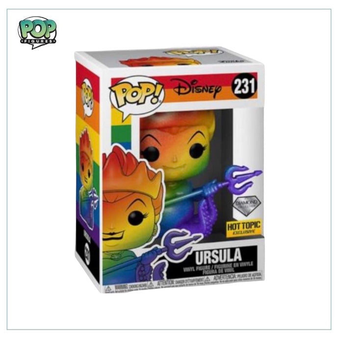 Funko Pop! of Ursula from Disney's Diamond Collection, featuring vibrant colors and a Pride theme, exclusive to Hot Topic.