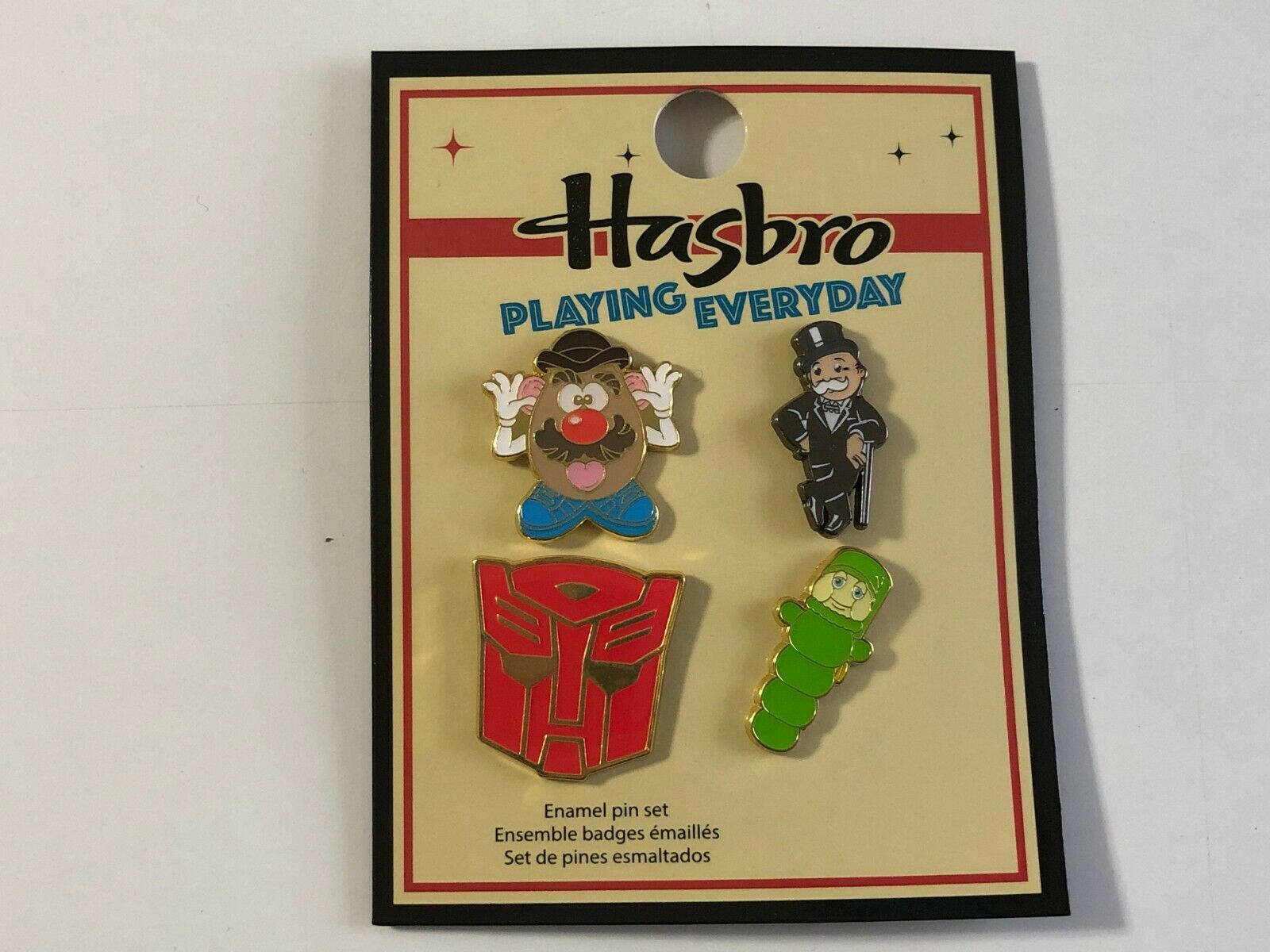Mr. Potato Head, Mr. Monopoly, Transformers, Glo Worm 4 Pack Enamel Pin Set! Hasbro Retro Toys